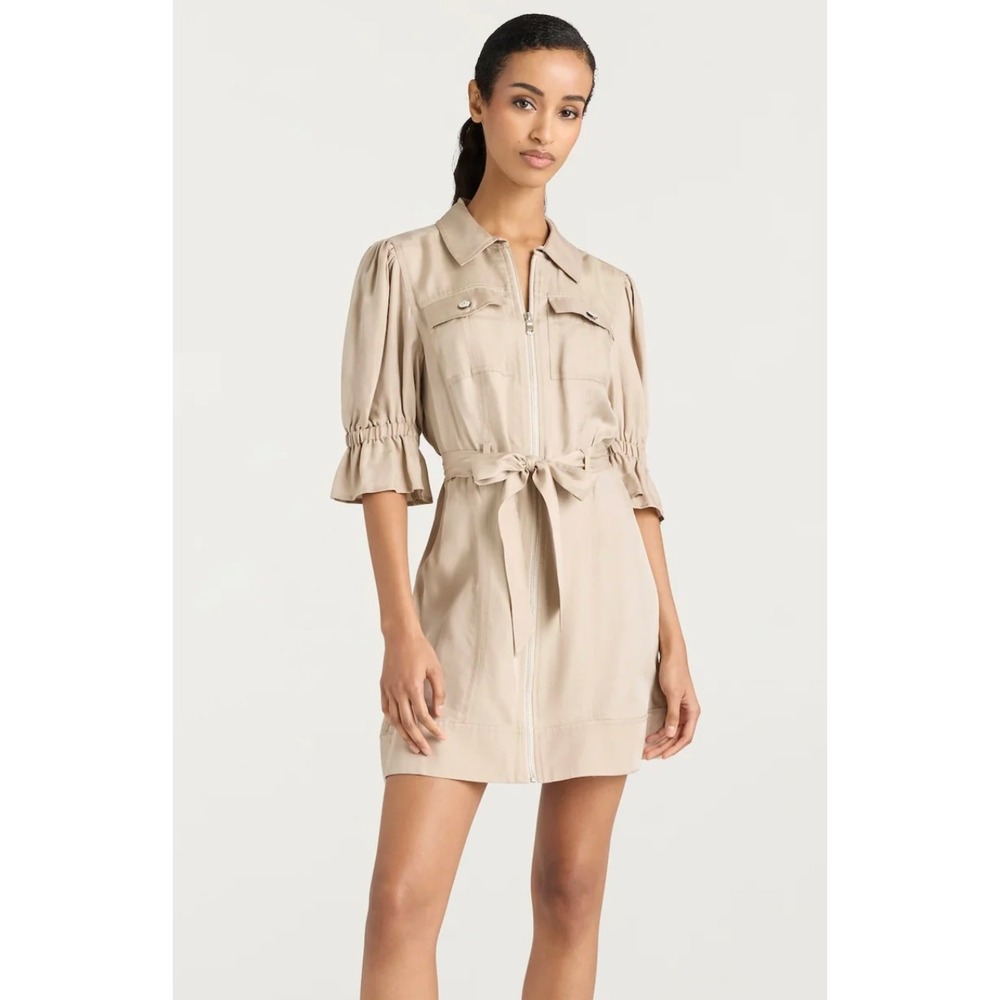 CINQ A SEPT Holly Shirt Dress Gold Cupro Zip Front‎ Belted Women's 10 Mini Glam